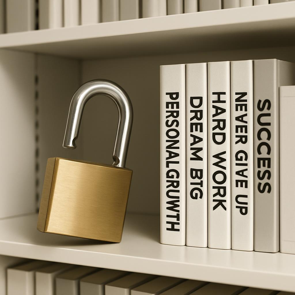 A gold padlock resting on a shelf with white books with motivational phrases.