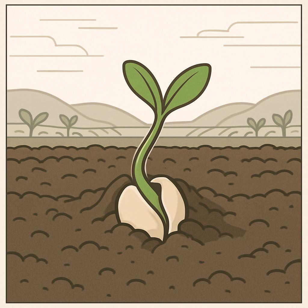 A cartoon style illustration of a plant breaking through the soil. Completely in tan, light brown, and green.