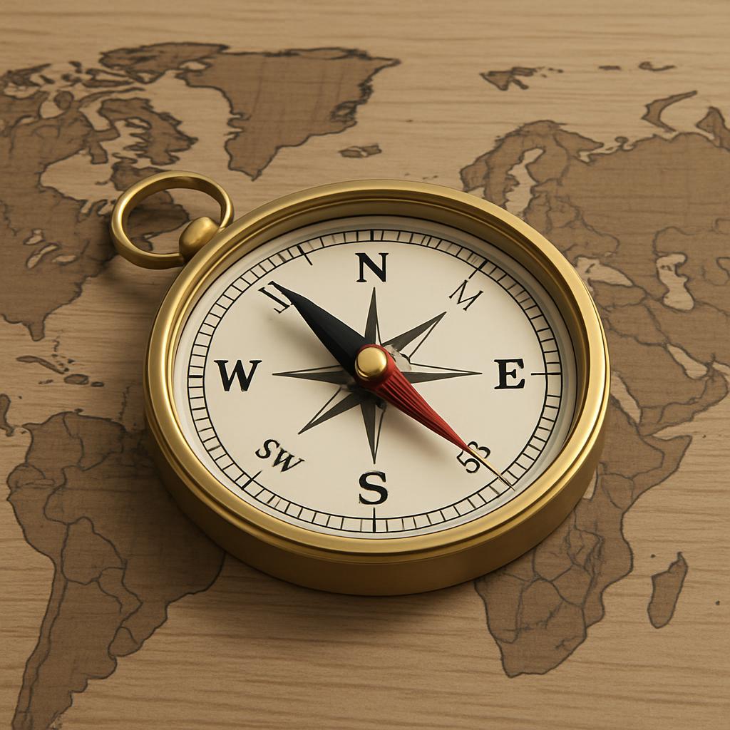 A brass compass is positioned on a map spread out on a wooden surface. Its circular case encloses the analog dial featurin...